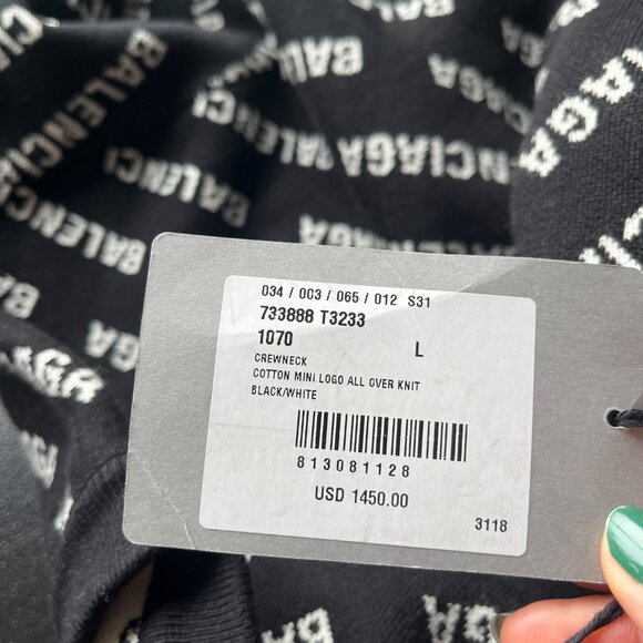 NWT Balenciaga Crewneck Pullover Knit Sweater Black White Mini Logo Allover - Picture 11 of 11